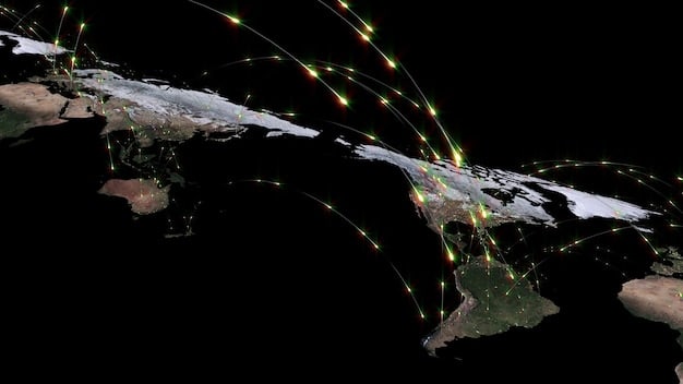 A close-up of a world map with interconnected lines representing trade routes, highlighting the flow of goods and services between different countries. The map focuses on the United States as a central hub.