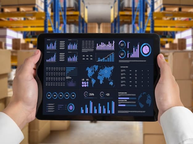 A dashboard displaying real-time supply chain data. The dashboard includes key performance indicators (KPIs) such as on-time delivery rates, inventory levels, supplier performance metrics, and risk assessments. Interactive charts and graphs visualize the data, allowing users to quickly identify potential issues and drill down for more detailed information.