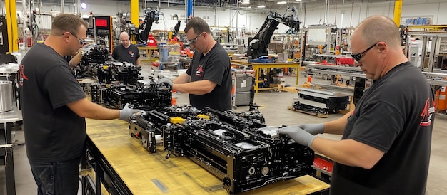 A modern automotive factory in the US, showcasing the production of car components and assembly lines, emphasizing the industry's efforts to meet USMCA's rules of origin.