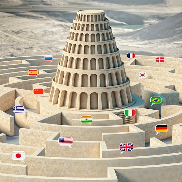 A digital illustration depicting a maze with flags from various countries, symbolizing the complex and interconnected nature of global regulations. A small US flag is near the center, cautiously navigating the maze path.