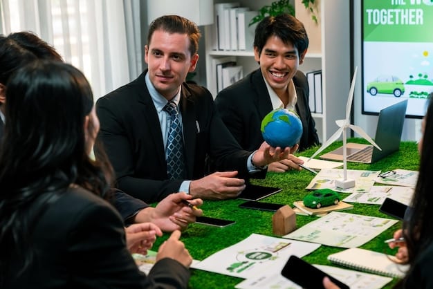 Delegates from various countries meeting at a climate finance summit, discussing strategies for allocating funds to climate mitigation and adaptation projects.