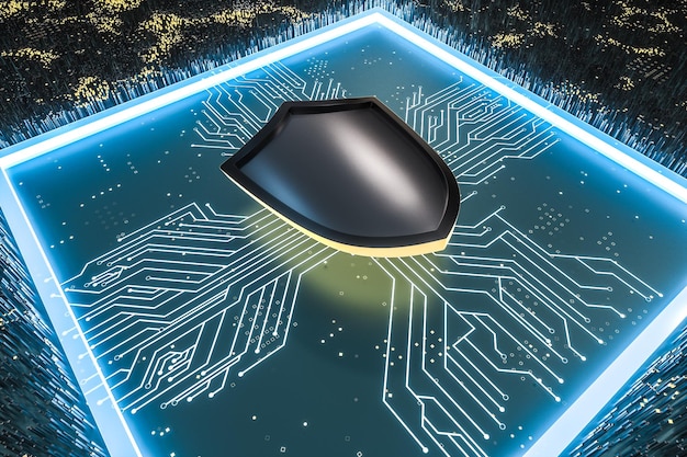 A graphic representation of a cybersecurity shield protecting a network of connected devices in a smart factory. The shield is brightly lit, symbolizing strong security measures.