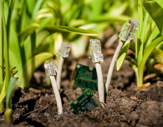 A close-up shot of a soil sensor embedded in a field. The sensor is connected to a data logger, and the screen shows real-time data on soil moisture, temperature, and nutrient levels. The image highlights the data-driven aspect of precision agriculture.