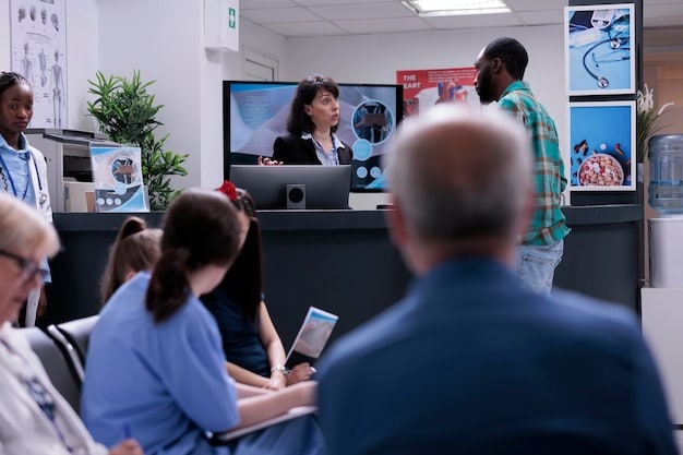 A hospital staff training session focused on telemedicine technologies. Staff members are seen interacting with telemedicine equipment, with an instructor guiding them.