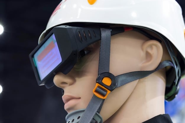 A close-up of a smart helmet with integrated sensors and a heads-up display showing real-time environmental data. Focus on the technology embedded within the helmet and its ergonomic design.