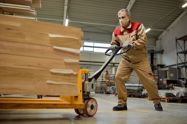 A worker wearing an exoskeleton suit while lifting a heavy object in a warehouse. The image highlights the ergonomic support provided by the exoskeleton and its integration with the worker's movements.