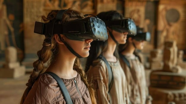 A middle school student wearing a VR headset and interacting with a virtual reconstruction of the Roman Colosseum, with other students in the background also exploring the ancient site.