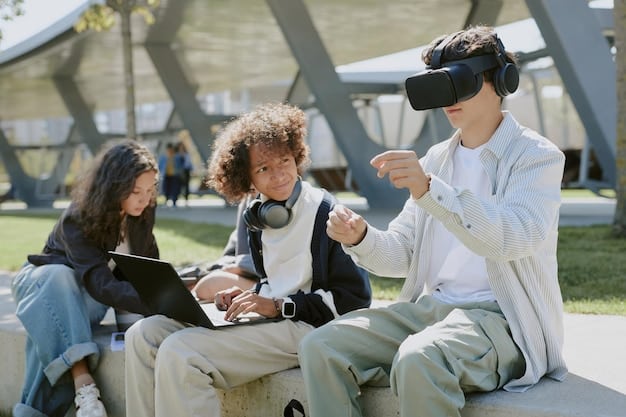 A group of high school students collaborating on a virtual engineering project using VR headsets. They are working together to design and test a bridge in a simulated environment.