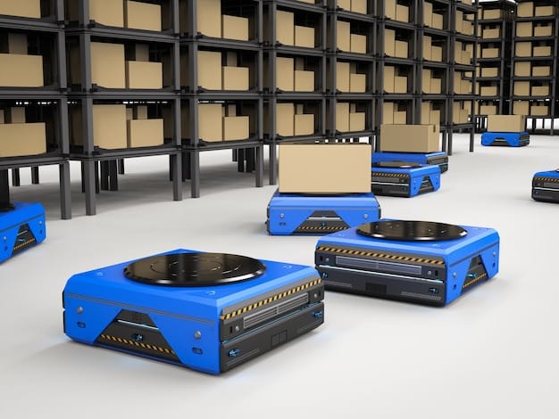 A close-up shot of an AI-powered robot sorting packages in a warehouse. The robot has multiple sensors and cameras, and the focus is on the AI processing unit mounted on the robot.