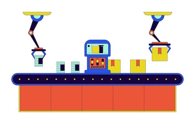 A robotic arm picking items from a shelf and placing them into a box on a conveyor belt. The robotic arm has a suction-based gripper, and the items being picked are of various sizes and shapes.