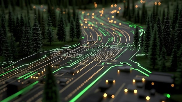 A visual representation of a smart grid system with electric vehicles connected, showing data flow and optimized energy distribution. Include solar panels and wind turbines to highlight renewable energy integration.