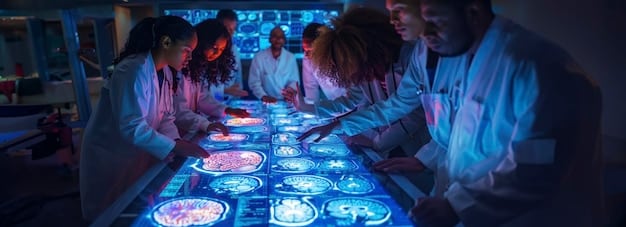 A graphic showing a diverse team of scientists and AI specialists collaborating in a brightly lit, modern laboratory, analyzing data on holographic displays.