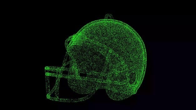 A digitally enhanced image showing sensors embedded in a football helmet, illustrating advanced technology used for detecting and monitoring head impacts.