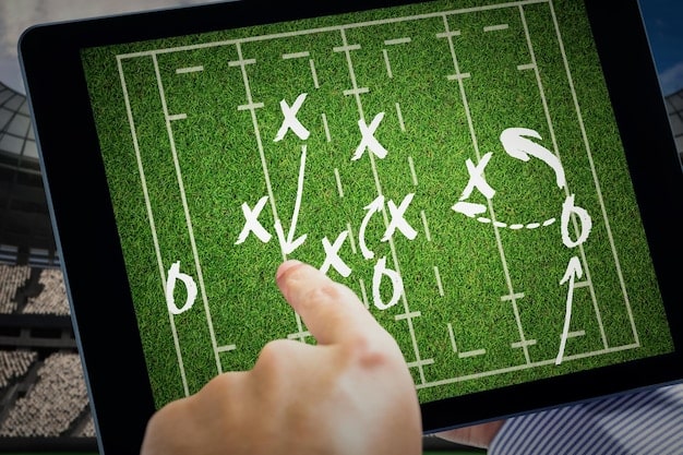 Close-up view of an NFL player's shoulder pads equipped with sensors that measure impact force and range of motion, with data visualizations displayed on a nearby tablet screen.