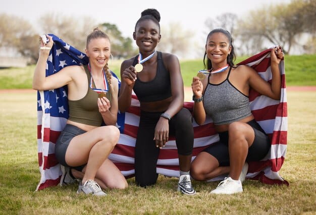 US Olympic athletes celebrating a victory, showcasing their diversity and teamwork across various sports, with a focus on sports relevant to the 2028 Olympics.