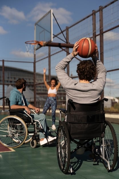 A group of children in wheelchairs playing basketball together, showing teamwork and joy. Focus on the inclusive nature of the sport.
