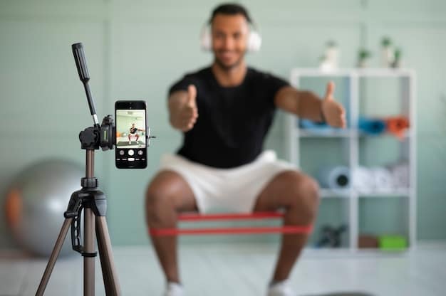 A US athlete recording a live video on their phone, surrounded by training equipment. The athlete is smiling and interacting with comments on the screen, showcasing real-time engagement and authenticity.