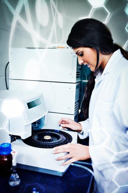 A photo depicting a scientist in a lab coat analyzing a sample, with high-tech equipment visible in the background. The image conveys the scientific rigor and advanced technology used in modern anti-doping testing.