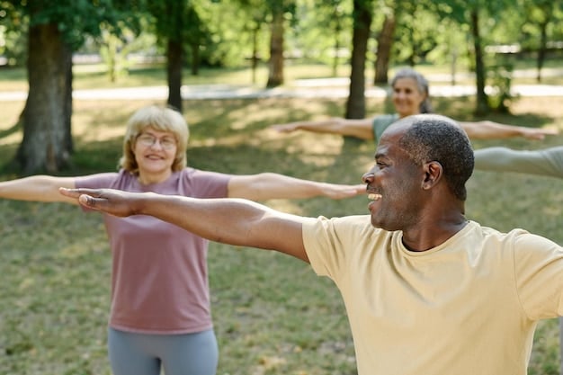 A diverse group of people exercising together in a park, laughing and supporting each other, highlighting the social benefits of exercise and its positive impact on mood.