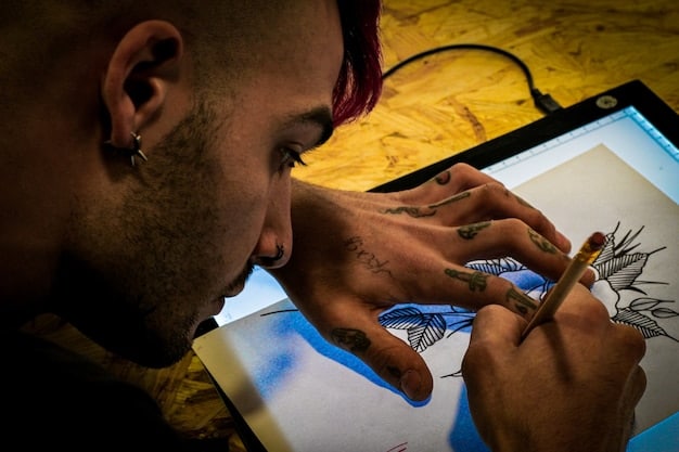 An artist working at a digital drawing tablet, with sketches, reference images, and AI-generated art samples displayed around the workspace, illustrating the blended creative process.
