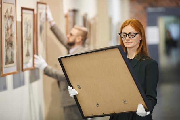 A photograph of museum staff carefully cataloging and archiving a newly donated piece of art, highlighting the behind-the-scenes work in managing art donations.