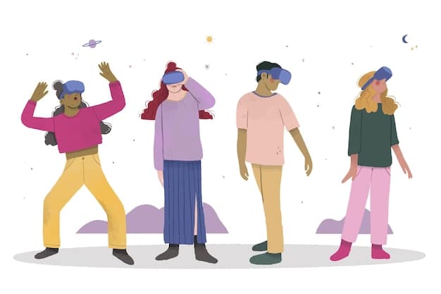 Illustration of a diverse group of people wearing VR headsets and interacting with a digital art gallery projected in their living room. The gallery features floating sculptures and interactive displays; the people are gesturing and discussing the artwork, creating a social and immersive atmosphere.