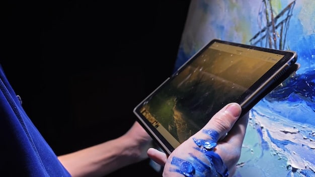 A conservator using AI-powered software on a tablet to examine a painting. The image shows the human element in the restoration process, highlighting collaboration between the conservator and the AI tool.