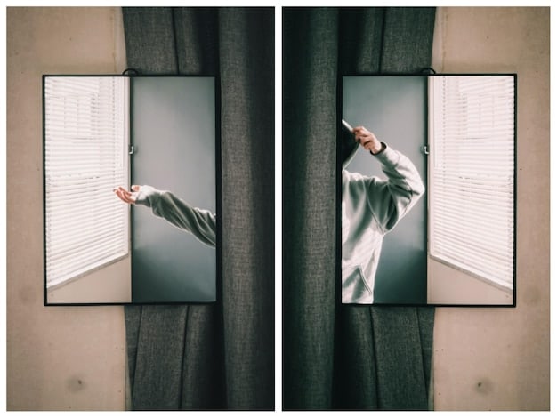 A split-screen image showing on one side a perfectly staged professional artwork in a gallery, and on the other side a person creating a piece of amateur art at home using simple materials like paint, paper, and found objects. The background is a cozy living room setting.