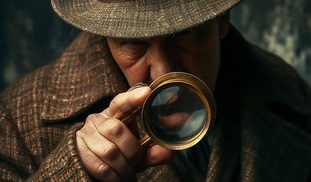 A conservator meticulously examining the surface of an old painting with a magnifying glass under bright light. The image emphasizes the detailed work required to assess the condition and authenticity of art.