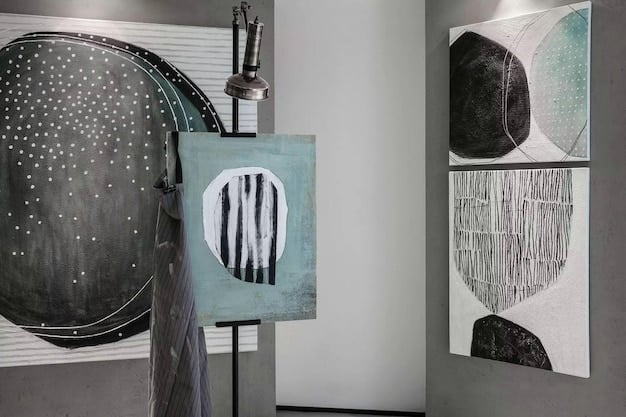 A diverse collection of abstract paintings displayed in a modern living room, showcasing a cohesive theme and personal taste in art selection.