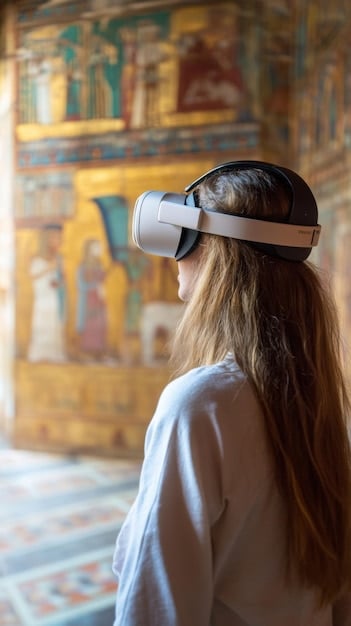 A museum visitor wearing a virtual reality headset, immersed in a digitally reconstructed historical environment. The scene depicts an ancient civilization, with virtual buildings and landscapes surrounding the visitor.