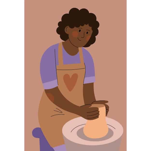 A person gently working with clay at a pottery wheel. Their hands are shaping the clay into a vessel, and the setting is a calming studio with natural light. The image represents the grounding and therapeutic aspects of art therapy, especially in the context of trauma recovery.