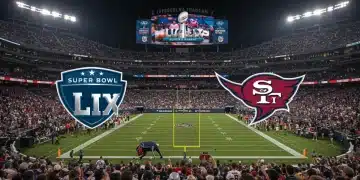 Dynamic shot of a packed Super Bowl stadium with team logos, anticipating the 2025 championship.