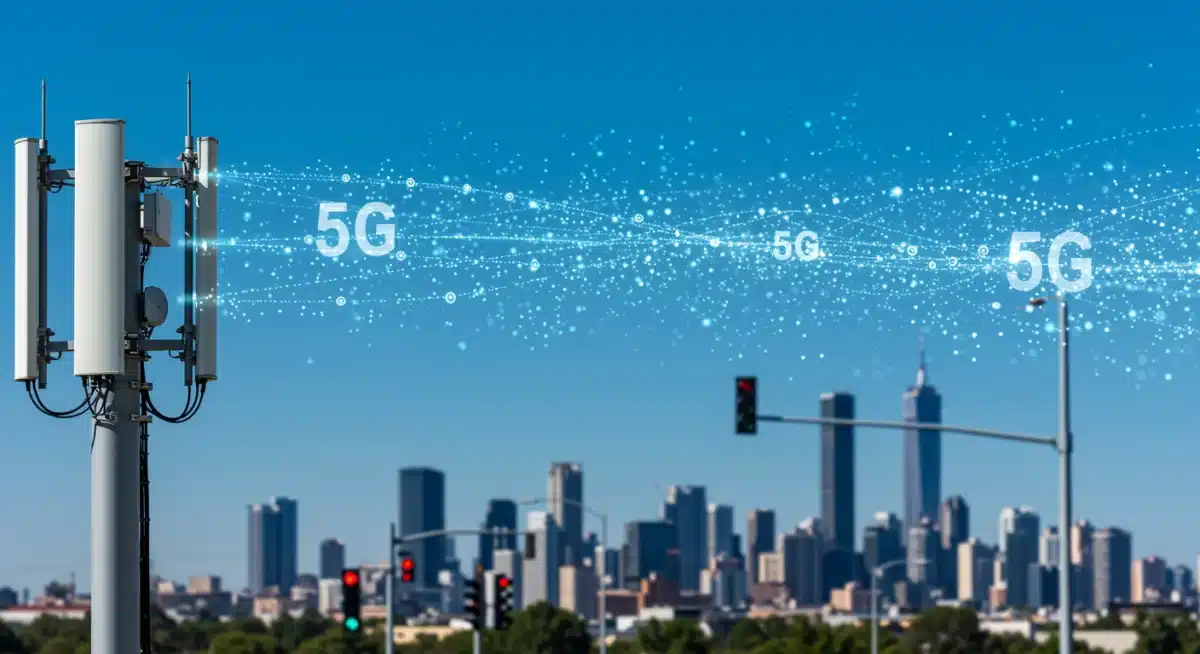 Modern 5G antenna transmitting data to a smart city, symbolizing advanced network connectivity.