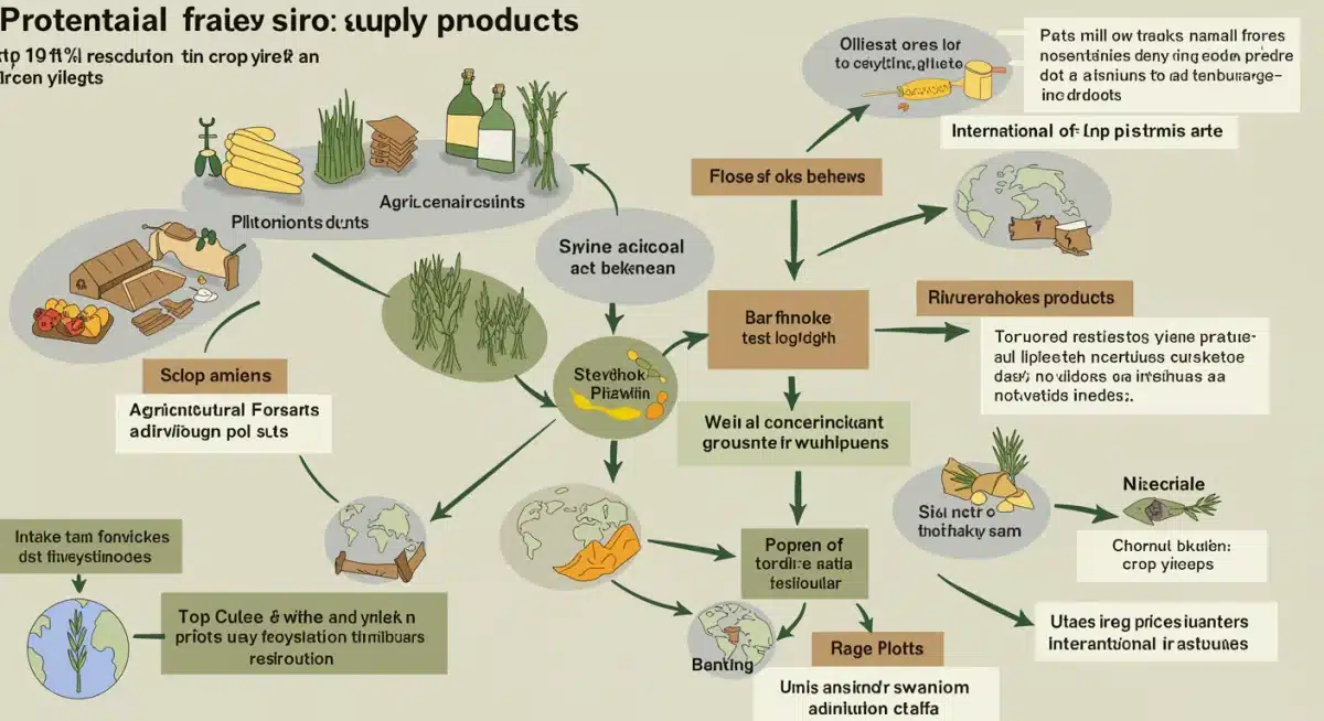 Agricultural supply chain graphic showing crop yield reduction impact