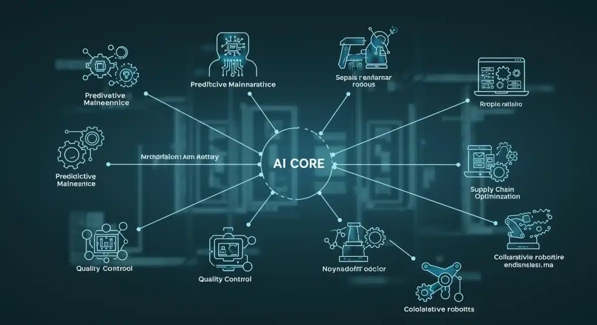 Infographic showing diverse AI applications in manufacturing like predictive maintenance and quality control.