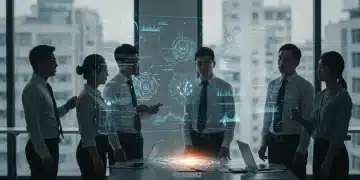 Professionals discussing AI ethics frameworks in a modern office