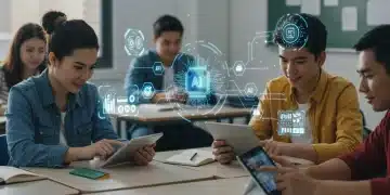 Students learning with AI-powered personalized education platforms in a modern classroom