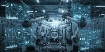 Advanced AI robots working on a modern US manufacturing production line, showing digital data interfaces.