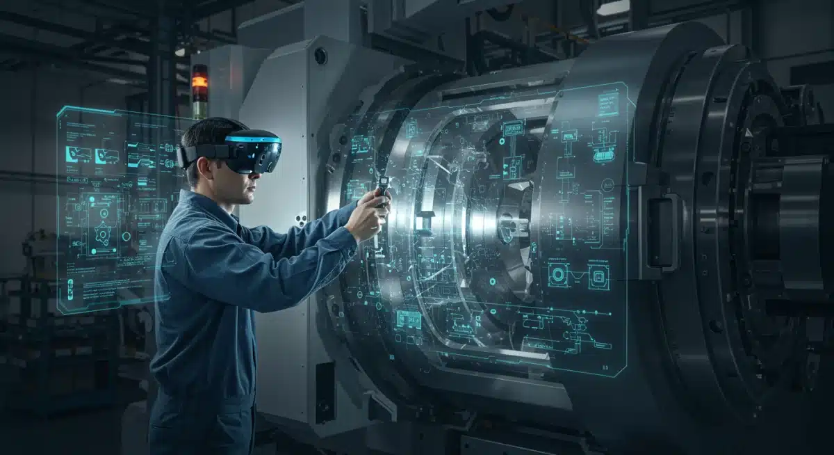 Technician using AR headset for precise industrial maintenance