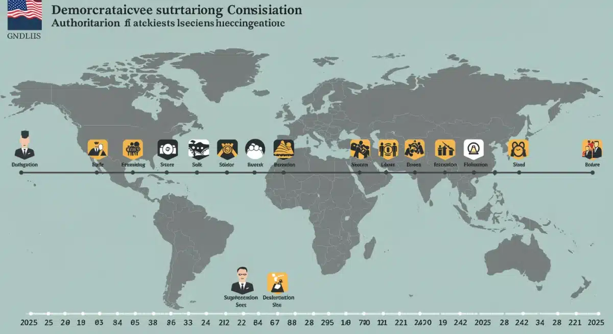 Timeline graphic depicting key events in the rise of authoritarianism from 2015 to 2025.