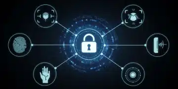 Futuristic biometric security technologies converging on a secure lock in 2025