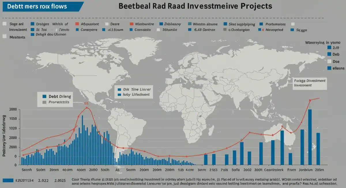 Infographic detailing Belt and Road Initiative financial metrics and investment flows, 2022-2025.