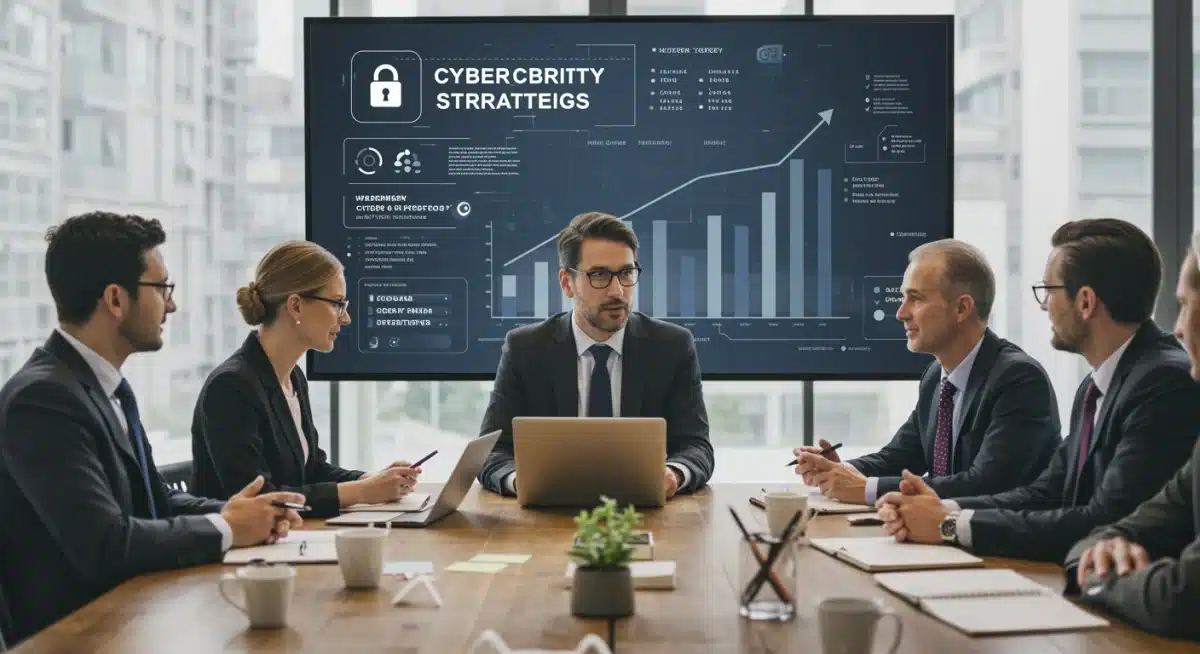 Business team discussing cybersecurity strategies and compliance with new mandates.