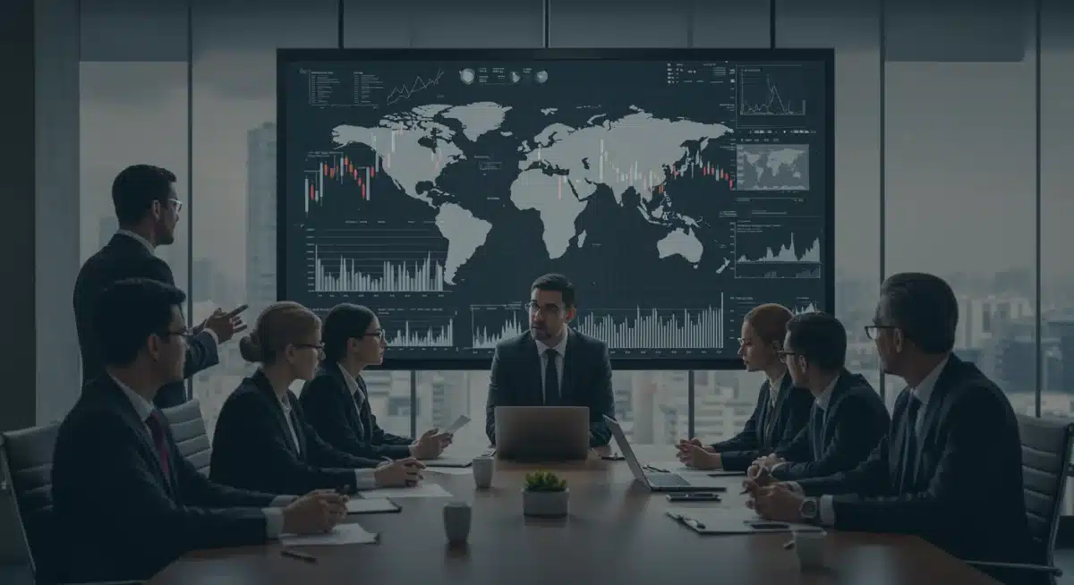 Business leaders discussing global economic strategies and risks