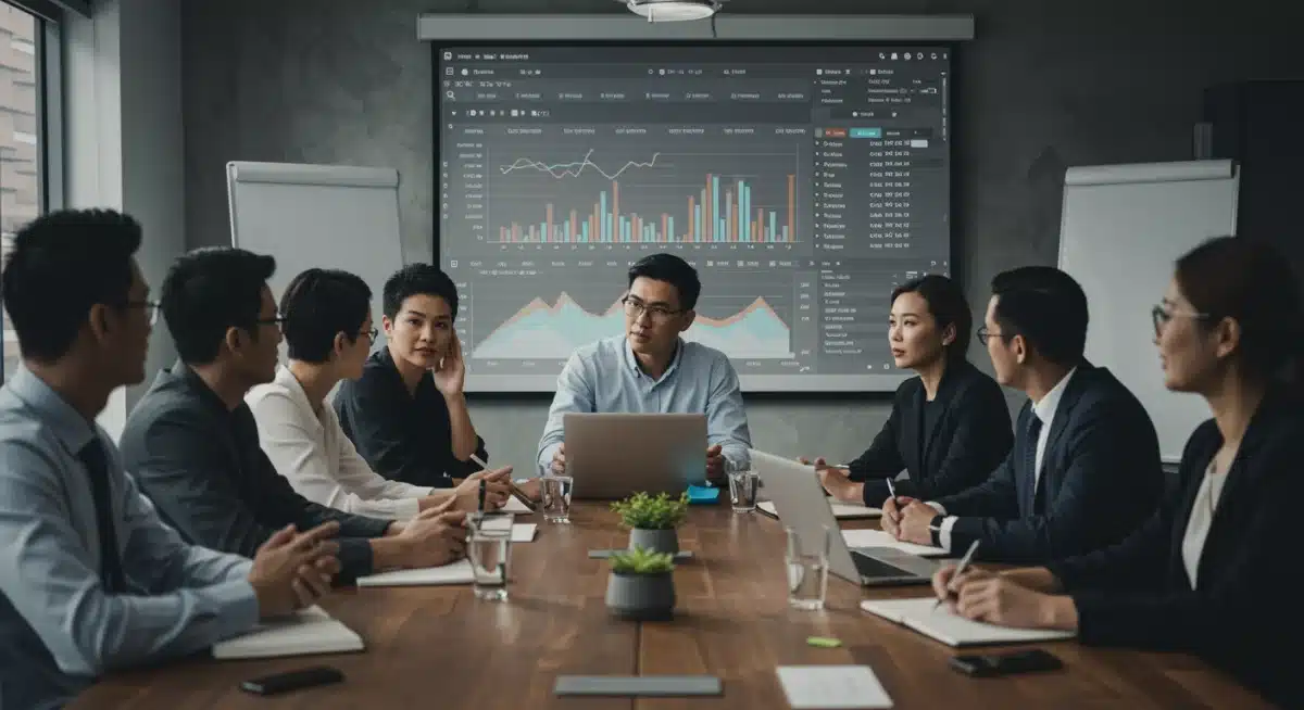 Business leaders analyzing trade data and tariff schedules in a meeting, strategizing for 2025 U.S. trade policy changes.