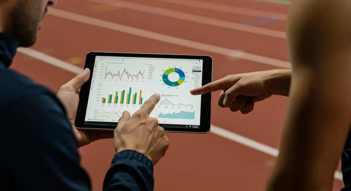 Coach and athlete analyzing real-time performance data during track and field training.