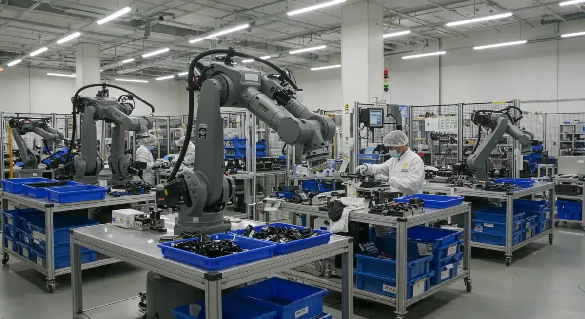 Collaborative robots working with humans on an assembly line in a modern factory setting