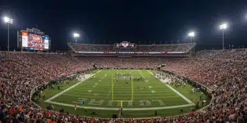 Packed college football stadium at night with 'CFP 2025 Expanded Playoff' on scoreboard, symbolizing financial growth.