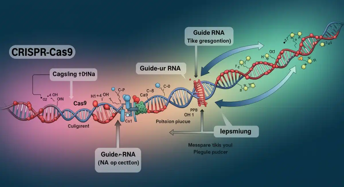 Diagram of CRISPR-Cas9 mechanism showing precise DNA targeting for gene editing.